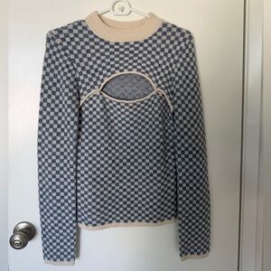OAK + FORT Blue and Cream Checkered Crew Neck Sweater